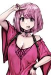  1girl breasts choker collarbone commentary_request eguchi_tomoka hand_on_own_hip kou_iu_no_ga_ii large_breasts looking_at_viewer medium_hair pink_hair red_nails shirt short_hair solo souryu standing swept_bangs tongue tongue_out v white_background 