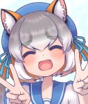  1girl absurdres animal_ears blue_background dress extra_ears fox_ears fox_girl grey_hair hat highres hikarikmy island_fox_(kemono_friends) kemono_friends kemono_friends_v_project long_hair looking_at_viewer multicolored_hair orange_hair ribbon sailor_dress simple_background smile solo twintails two-tone_hair v virtual_youtuber 