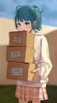  1girl baggy_clothes blue_hair blue_sky blunt_bangs blurry blurry_background box box_stack brown_eyes cardboard_box commentary cowboy_shot cyrillic grass hair_strand highres holding holding_box hood hood_down hoodie katya_(servachok) label long_sleeves looking_at_viewer messy_hair open_mouth original pink_skirt plaid plaid_skirt russian_text servachok short_hair skirt sky solo translated upturned_eyes wall white_hoodie 