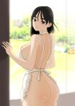  1girl absurdres apron artist_name ass beautiful_gunbari black_eyes black_hair breasts commission day highres large_breasts looking_back medium_hair naked_apron ryusei_(rspix1v) shin_sol solo standing white_apron window 