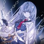  arcaea belt black_gloves blue_eyes blue_hair bow breasts buttons chain collared_shirt earrings epaulettes glass_shards gloves hair_over_one_eye highres insight_(arcaea) jewelry lab_coat light_smile long_hair long_sleeves looking_to_the_side medium_breasts miyu_(miy_u1308) necktie red_necktie shirt shoulder_pads sidelocks single_earring single_epaulette white_belt white_shirt yellow_bow 