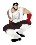  1boy bamashengze bandaid bandaid_on_cheek bandaid_on_face bara black_hair boots full_body gloves highres looking_to_the_side male_focus mature_male muscular muscular_male original red_gloves rubber_boots shirt short_hair sideburns sleeveless sleeveless_shirt solo thick_eyebrows white_footwear 