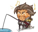  1boy ^_^ alois_rangeld armor brown_hair chibi closed_eyes facial_hair fire_emblem fire_emblem:_three_houses fishing fishing_rod holding holding_fishing_rod ina_zuma laughing male_focus musical_note mustache pond short_hair signing sitting solo v v-shaped_eyebrows 