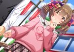  1boy 1girl alternate_costume animal_ears blurry blurry_background blush brown_hair casual clothes_grab commentary_request dutch_angle ear_ribbon hair_between_eyes hair_ornament highres horse_ears horse_girl kamelie pink_sweater ribbon sky sleeve_grab smart_falcon_(umamusume) solo_focus sweat sweater trainer_(umamusume) twintails umamusume yellow_eyes 