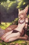  1girl animal_ear_fluff animal_ears animal_feet arm_strap blurry blurry_background bracer braid brown_eyes brown_hair bug butterfly cleft_of_venus digitigrade earrings flat_chest flower forest fox_ears fox_tail hair_flower hair_ornament highres jewelry khiara_(personal_ami) looking_at_viewer nature navel necklace nipples nude original outdoors personal_ami pussy sitting solo tail tooth_necklace twin_braids uncensored wariza 