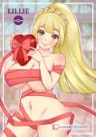  1girl absurdres alternate_breast_size blonde_hair box breasts food heart-shaped_box highres holding holding_food large_breasts leg_wrap lillie_(pokemon) looking_at_viewer misune_art pokemon pokemon_(game) red_ribbon ribbon ribbon_bra smile 