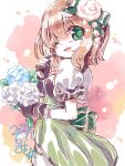  1girl ;d back_bow blue_flower blush bouquet bow brown_gloves cowboy_shot dated flower frilled_gloves frilled_sleeves frills gloves green_bow green_eyes green_skirt hair_bow hair_flower hair_ornament hand_up haruna_konomi holding holding_bouquet layered_sleeves looking_at_viewer magia_record:_mahou_shoujo_madoka_magica_gaiden magical_girl mahou_shoujo_madoka_magica miuku_(marine_sapphire) multicolored_hair one_eye_closed open_mouth orange_hair pink_background puffy_short_sleeves puffy_sleeves shirt short_hair short_sleeves signature skirt smile solo streaked_hair white_flower white_shirt 