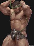 1boy abs bara beard belly bulge facial_hair feet_out_of_frame frown green_headband headband highres large_pectorals looking_at_viewer male_focus mature_male metal muscular muscular_male mustache navel nipple_piercing nipple_rings nipples original pectorals piercing plump receding_hairline revealing_clothes short_hair solo stomach strongman_waist thick_eyebrows thick_thighs thighs tooboshoo topless_male wrinkled_skin 