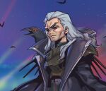  1boy animal animal_on_shoulder armor beatrice_(league_of_legends) bird bird_on_shoulder black_coat breastplate brown_eyes closed_mouth coat cowboy_shot crow grey_hair league_of_legends long_hair male_focus open_clothes open_coat outdoors phantom_ix_row serious solo standing swain_(league_of_legends) 