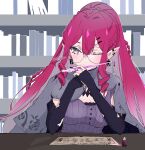  1girl baobhan_sith_(fate) baobhan_sith_(swimsuit_pretender)_(fate) baobhan_sith_(swimsuit_pretender)_(second_ascension)_(fate) blush bookshelf braid breasts citron80citron crown_braid desk detached_sleeves earrings fate/grand_order fate_(series) glasses grey_eyes grey_jacket hair_ornament hairclip highres holding holding_pen ink ink_bottle jacket jacket_on_shoulders jewelry large_breasts long_hair looking_to_the_side nib_pen_(object) one_eye_closed paper pen pink_hair pointy_ears ponytail purple_shirt round_eyewear shirt sidelocks solo 