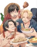  3boys ascot bead_necklace beads black_hair blonde_hair blue_shirt boned_meat bottle closed_eyes food fork goggles goggles_on_headwear hat highres holding holding_food holding_fork holding_plate jewelry kusira548 looking_at_another male_focus meat monkey_d._luffy multiple_boys necklace noodles one_piece open_mouth pasta plate portgas_d._ace ramen sabo_(one_piece) scar scar_on_face shirt short_hair smile spaghetti teeth top_hat topless_male twitter_username upper_body v-shaped_eyebrows white_ascot 
