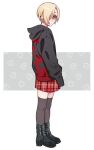  1girl black_footwear black_hoodie black_thighhighs blonde_hair blush boots brown_eyes earrings expressionless full_body ghost_print hair_over_one_eye highres hood hoodie idolmaster idolmaster_cinderella_girls jewelry looking_at_viewer oshinomiya plaid plaid_skirt red_skirt shirasaka_koume short_hair skirt sleeves_past_fingers sleeves_past_wrists solo thighhighs zettai_ryouiki 