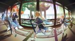  2boys age_progression aged_down aged_up ahoge architecture autumn blonde_hair boots chinese_clothes closed_eyes cyotsy east_asian_architecture fisheye flower gazebo highres holding holding_sword holding_weapon honkai:_star_rail honkai_(series) jing_yuan long_hair multiple_boys ponytail running spring_(season) summer sword time_paradox weapon white_footwear white_hair winter wisteria yanqing_(honkai:_star_rail) yellow_eyes 