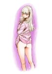  1girl archived_source ass black_ribbon blush bottomless grey_eyes grey_hair hair_ribbon heavy_breathing highres key_(kagibangou) long_hair long_sleeves looking_at_viewer looking_back original pussy_juice pussy_juice_trail ribbon shirt simple_background sketch solo striped striped_shirt white_background 