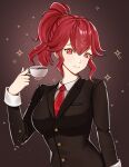  1girl alternate_costume anna_(fire_emblem) black_jacket breasts brown_background commentary cup fire_emblem hand_up highres holding holding_cup jacket large_breasts long_hair looking_at_viewer mari48240422 necktie ponytail red_eyes red_hair red_necktie smile solo teacup upper_body 