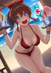  1girl beach bikini blue_eyes blush bow breasts brown_hair cleavage collarbone hair_bow hair_ribbon highres holding idolmaster idolmaster_million_live! idolmaster_million_live!_theater_days kamille_(vcx68) looking_at_viewer medium_breasts open_mouth ponytail red_bikini ribbon satake_minako solo swimsuit 