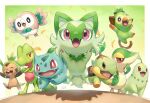  black_eyes bulbasaur chespin chikorita closed_mouth colored_sclera crossed_arms falling_leaves fangs flying green_background grookey half-closed_eyes hand_on_own_chin hands_up jumping kemonomichi_(blue_black) leaf midair open_mouth pokemon pokemon_(creature) red_eyes rowlet shadow signature snivy sprigatito stroking_own_chin treecko turtwig yellow_sclera 