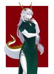  2023 absurd_res anthro antlers chimo205 clothed clothing dragon dress eastern_dragon fingers fur green_clothing green_dress hi_res horn multicolored_clothing multicolored_dress tail white_arms white_ears white_fingers white_hands white_legs white_tail 