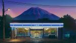 bicycle building convenience_store dawn gradient_sky highres lamppost light mb0sco mirror morning motor_vehicle mount_fuji mountain no_humans original power_lines reflection reflective_water scenery shelf shop sign sky sliding_doors trash_can tree utility_pole van wet_ground window 