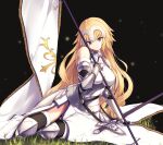  1girl armor armored_dress bare_shoulders black_background blonde_hair commentary_request dress enchuu_kakiemon fate/grand_order fate_(series) flag grass head_tilt headpiece highres jeanne_d&#039;arc_(fate) long_hair looking_at_viewer purple_eyes sitting smile solo vambraces very_long_hair white_dress 