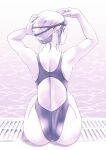  1girl absurdres ass ass_focus commentary_request competition_swimsuit from_behind goggles goggles_on_head highleg highleg_swimsuit highres looking_at_viewer looking_back macosee monochrome one-piece_swimsuit original poolside purple_theme sidelocks sitting solo swim_cap swimsuit water 