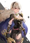  1girl armor black_hairband breasts cape cleavage corrin_(female)_(fire_emblem) corrin_(fire_emblem) fire_emblem fire_emblem_fates hair_between_eyes hair_ornament hairband haru_(nakajou-28) highres long_hair medium_breasts pointy_ears red_eyes simple_background solo white_hair 