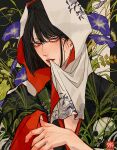  1boy absurdres black_bag black_hair black_kimono blunt_ends bob_cut brown_eyes flower highres japanese_clothes kagoya1219 kimono looking_at_viewer male_focus morning_glory mouth_hold original plant print_kimono purple_flower short_hair signature skull_print solo upper_body 