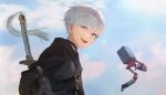  1boy absurdres aheuretokki bishounen black_gloves blue_eyes blue_sky choker from_below gloves highres katana looking_at_viewer male_focus nier:automata nier_(series) pod_(nier:automata) short_hair sky smile solo sword weapon yorha_no._9_type_s 