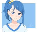  1girl 9rimson ahoge blue_eyes blue_hair bow collarbone commentary_request dated diagonal_bangs hair_bow hirogaru_sky!_precure portrait precure side_ponytail signature smile solo sora_harewataru 