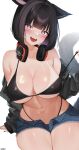  1girl :d absurdres animal_ears arm_support bare_shoulders bikini bikini_tan black_bikini black_hair black_jacket black_nails blush breasts cat_ears cat_girl cat_tail cleavage collarbone commentary_request denim denim_shorts facial_mark final_fantasy final_fantasy_xiv grey_eyes headphones headphones_around_neck highres jacket large_breasts miqo&#039;te navel off_shoulder open_fly open_mouth shhilee shiny_skin short_hair short_shorts shorts signature simple_background sitting slit_pupils smile solo stomach strap_lift string_bikini swimsuit tail tan tanlines tongue underboob warrior_of_light_(ff14) whisker_markings white_background 