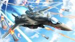  aircraft airplane canopy_(aircraft) cloud explosion fighter_jet firing highres jet laser macross macross_plus military_vehicle missile motion_blur no_humans sky thrusters troy_(oxaa01ex) variable_fighter vehicle_focus yf-19 