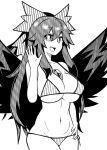  1girl :d bikini bow breasts bright_pupils cleavage commentary greyscale groin hair_bow high_contrast large_breasts long_hair looking_at_viewer monochrome navel onkn_sxkn open_mouth reiuji_utsuho sidelocks simple_background smile solo swimsuit third_eye touhou wings 