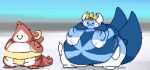  abdominal_bulge actualblueblu ambiguous_gender animated anthro belly_overhang blue_body cape clothing crown digital_media_(artwork) duo finley_(actualblueblu) fish headgear hector_(actualblueblu) marine overweight pixel_(artwork) red_body ring_piercing short_playtime short_stack simple_background size_difference standing sumo_wrestler thick_thighs white_body 