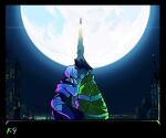  1boy 1girl building couple cyberpunk_(series) cyberpunk_edgerunners david_martinez from_side full_moon hand_on_another&#039;s_cheek hand_on_another&#039;s_face hetero kiss kuroinu9 looking_at_another lucy_(cyberpunk) moon moonlight night outdoors 