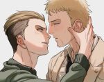  2boys blonde_hair blush eye_contact from_side goatee_stubble hand_on_another&#039;s_neck highres imminent_kiss looking_at_another male_focus marley_military_uniform multiple_boys mustache_stubble porco_galliard reiner_braun shingeki_no_kyojin shirt short_hair sssida3 yaoi 