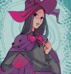  1boy alternate_costume androgynous black_eyes black_hair black_shirt bow bowtie cape dungeonbgm hat highres hunter_x_hunter illumi_zoldyck long_hair long_sleeves looking_at_viewer male_focus pale_skin pink_bow pink_headwear purple_cape shirt witch_hat 