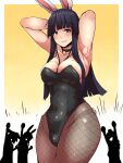  4girls animal_ears armpits arms_up bell black_hair black_leotard blush breasts brown_eyes cleavage closed_mouth commentary_request fishnet_pantyhose fishnets highres houraisan_kaguya inaba_tewi large_breasts leotard long_hair looking_at_viewer multiple_girls neck_bell pantyhose rabbit_ears rabbit_tail reisen_udongein_inaba solo_focus starraisins tail touhou yagokoro_eirin yellow_background 
