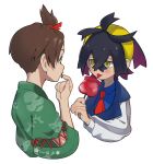  2boys black_hair blue_shirt blush brown_hair candy_apple collared_shirt commentary_request crossed_bangs eating eye_contact florian_(pokemon) food green_shirt hair_between_eyes hairband hand_up highres holding jacket kenta_nagasaki kieran_(pokemon) looking_at_another male_focus multiple_boys necktie partial_commentary pokemon pokemon_(game) pokemon_sv red_necktie shirt short_hair simple_background tongue tongue_out topknot upper_body white_background yellow_hairband 