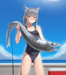  1girl animal animal_ear_fluff animal_ears bare_arms black_one-piece_swimsuit blue_archive blue_eyes blue_one-piece_swimsuit blue_sky closed_mouth collarbone cowboy_shot day fish fishing_rod grey_hair halo highres holding holding_animal holding_fish kion-kun looking_at_viewer mismatched_pupils one-piece_swimsuit shiroko_(blue_archive) shiroko_(swimsuit)_(blue_archive) sky smile solo swimsuit two-tone_swimsuit wolf_ears 