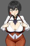  1girl :d absurdres ascot black_hair blush breasts cleavage clothes_pull colored_inner_hair goddess_of_victory:_nikke goma. grey_background hair_intakes highres large_breasts legs multicolored_hair open_clothes open_mouth open_shirt pants red_hair red_pants red_vest rouge_(nikke) shirt short_hair simple_background smile sweatdrop teasing thick_thighs thighs top_pull vest white_shirt yellow_eyes 