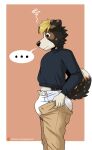  2023 anthro bottomwear canid canine canis clothed clothing diaper diaperdork digital_media_(artwork) domestic_dog hi_res male mammal meme pulling_up_pants simple_background solo tight_pants_(meme) 