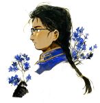  1boy axis_powers_hetalia black-framed_eyewear black_gloves black_hair blue_theme braid braided_ponytail closed_mouth flower flower_request from_side gloves hair_pulled_back holding holding_flower long_hair looking_ahead male_focus mongolia_(hetalia) nanimonothing over-rim_eyewear portrait profile semi-rimless_eyewear single_braid solo tan 