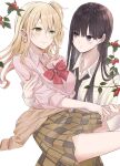  2girls aihara_academy_school_uniform aihara_mei aihara_yuzu black_hair blonde_hair blush bow breasts citrus_(saburouta) clothes_around_waist collared_shirt ear_blush earrings gangshangguang_(smjy5842) green_eyes gyaru highres jewelry long_hair long_sleeves looking_at_another medium_breasts multiple_girls necktie open_mouth pink_shirt pleated_skirt purple_eyes red_bow school_uniform shirt skirt smile step-siblings step-sisters sweater sweater_around_waist uniform white_shirt wife_and_wife yuri 