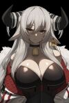  1girl animal_ears bell black_background black_choker black_leotard breasts choker cleavage closed_mouth dev_(dev0614) ear_tag expressionless fur-trimmed_jacket fur_trim grey_hair hair_between_eyes highres horns huge_breasts jacket leotard looking_at_viewer neck_bell off_shoulder open_clothes open_jacket original partially_unzipped simple_background solo upper_body white_jacket yellow_eyes zipper_pull_tab 