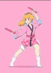  1girl alternate_costume blonde_hair blue_eyes crown earrings full_body happi highres japanese_clothes jewelry mario_(series) pink_background pink_robe ponytail princess_peach robe saiwo_(saiwoproject) simple_background socks solo sphere_earrings white_socks 