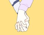  1boy 1girl commentary fingernails highres holding_hands interlocked_fingers kamishiro_rui kusanagi_nene long_sleeves out_of_frame project_sekai pudding_crush simple_background yellow_background 