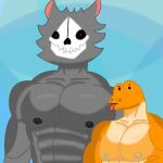  1:1 anthro big_pecs bone canid canine digital_media_(artwork) duo fulgoraga fur legless looking_at_viewer male male/male mammal muscular nipples pecs reptile scalie serpentine simple_background skull skull_head skulldog_(species) smile snake 