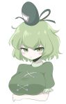  1girl :/ breasts commentary dress english_commentary green_dress green_eyes green_hair hat large_breasts looking_at_viewer puffy_short_sleeves puffy_sleeves short_hair short_sleeves sifserf soga_no_tojiko solo tate_eboshi touhou 
