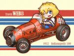  1girl alice_margatroid blonde_hair blue_dress blue_eyes blush bow bowtie capelet car chibi commentary cookie_(touhou) dress driving full_body hair_between_eyes indycar_series looking_at_viewer medium_bangs mgrm_ysnr motor_vehicle name_connection one_eye_closed open_mouth red_bow red_bowtie red_sash sash short_hair sitting smile solo steering_wheel touhou waving web_(cookie) white_capelet 