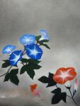  animal blue_flower branch fish flower goldfish grey_sky mitzoka2001 no_humans original painting_(medium) plant red_flower sky traditional_media 